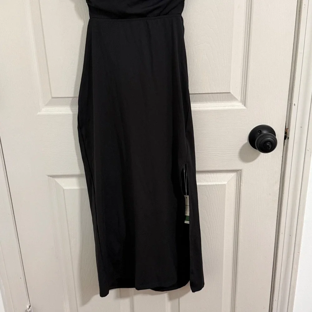 Halara Ruched Lace Up Bodycon Midi Dress Small Black NWT Side Slit Open Back